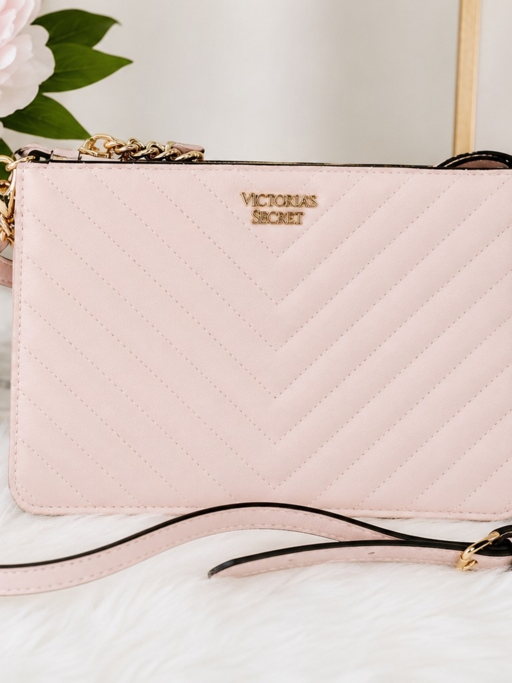 Victoria's Secret Light Pink Quilted Crossbody with Gold Chain